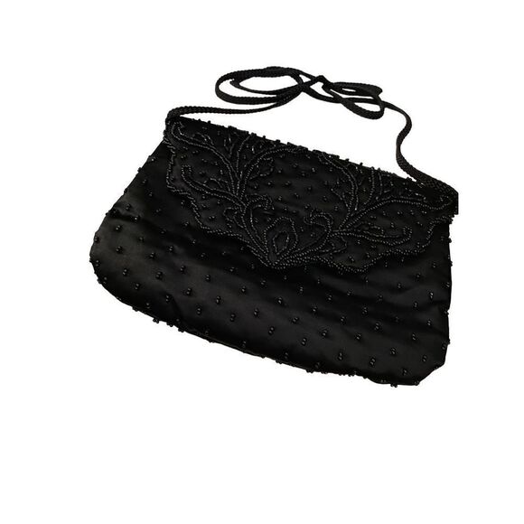 La Regale Vintage Black Satin Beaded Handbag Purse - Picture 1 of 10